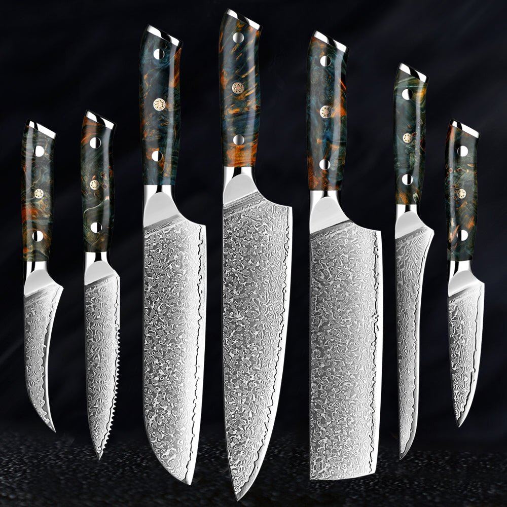 Set de 7 couteaux de cuisine en acier damas VG10, manches en bois