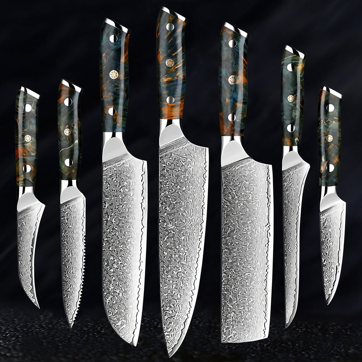Set de 7 couteaux de cuisine en acier damas VG10, manches en bois