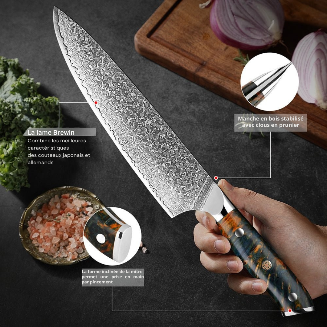 Set de 7 couteaux de cuisine en acier damas VG10, manches en bois