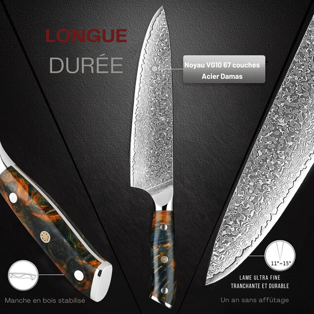 Set de 7 couteaux de cuisine en acier damas VG10, manches en bois