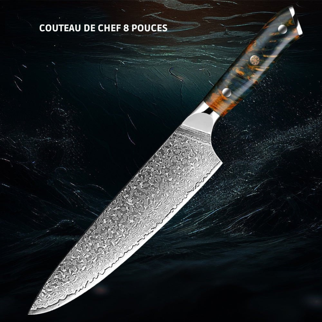 Set de 7 couteaux de cuisine en acier damas VG10, manches en bois