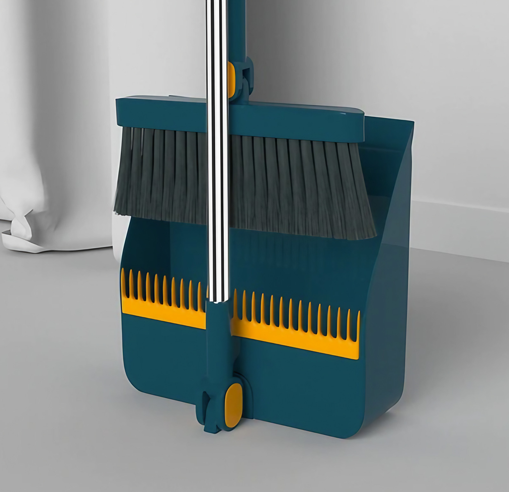 Balai et pelle à dents pliables, tête rotative à 180 degrés, bleu