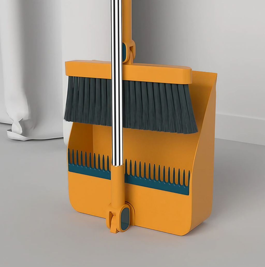 Balai et pelle à dents pliables, tête rotative à 180 degrés, orange