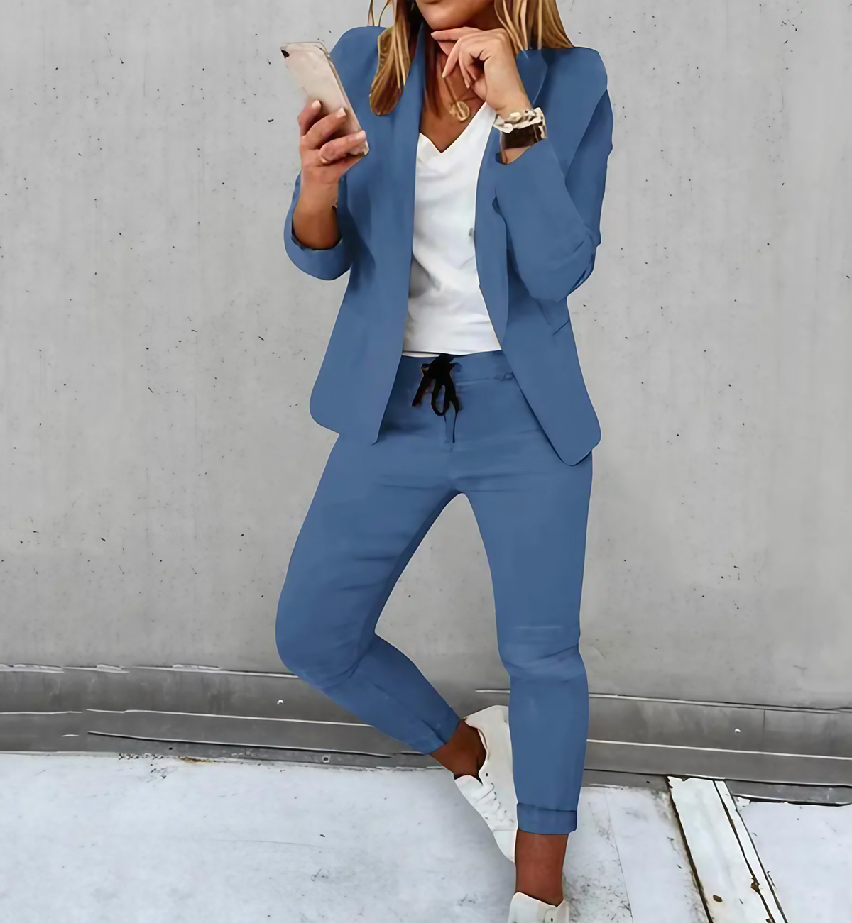 Ensemble blazer ajusté et pantalon à cordon femme, six coloris, bleu