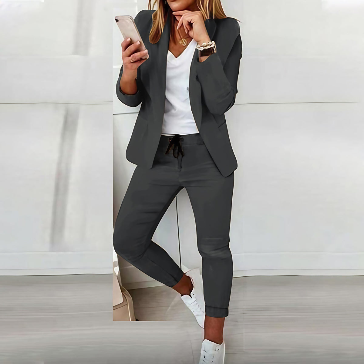 Ensemble blazer ajusté et pantalon à cordon femme, six coloris, gris