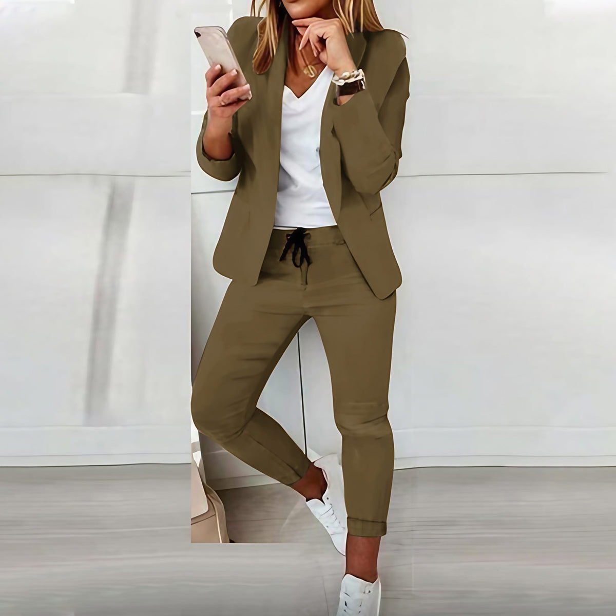 Ensemble blazer ajusté et pantalon à cordon femme, six coloris, khaki