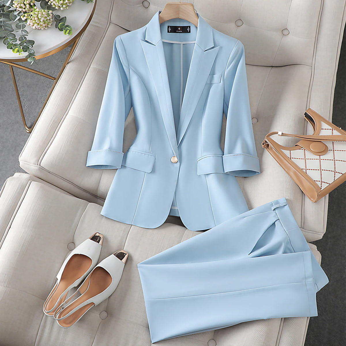 Ensemble blazer et pantalon femme, trois coloris, bleu