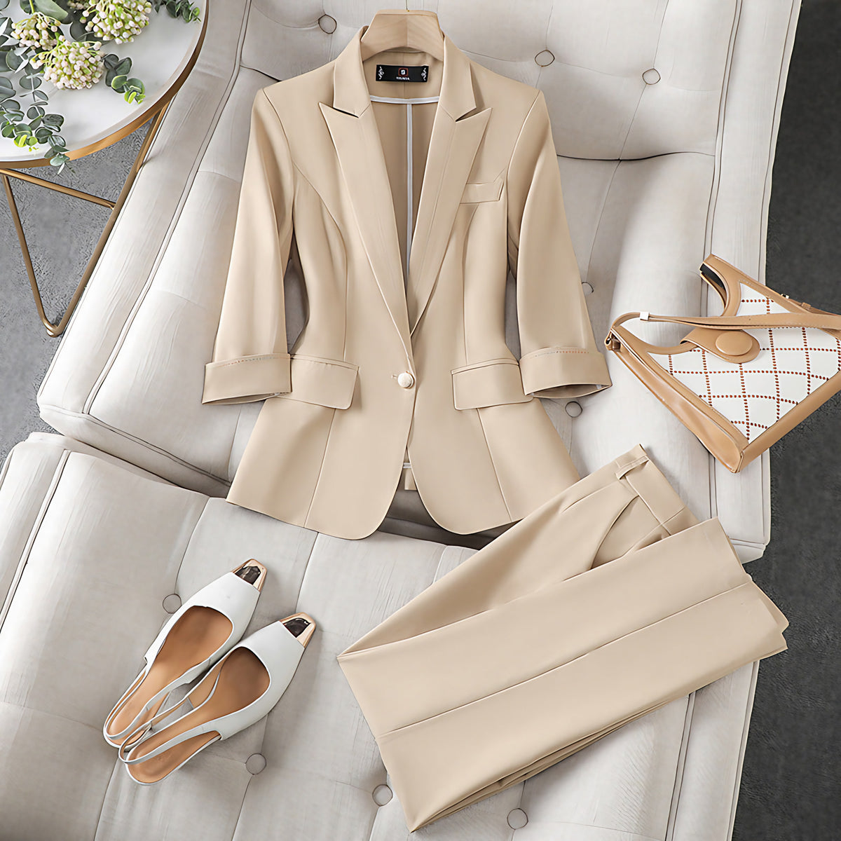 Ensemble blazer et pantalon femme, trois coloris, beige