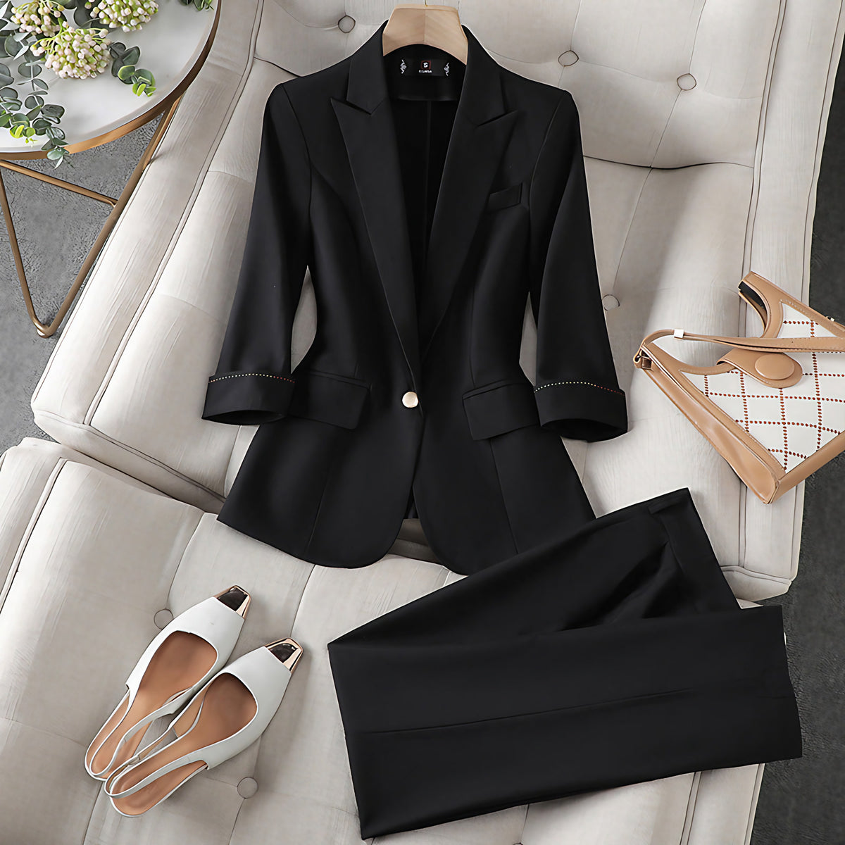 Ensemble blazer et pantalon femme, trois coloris, noir