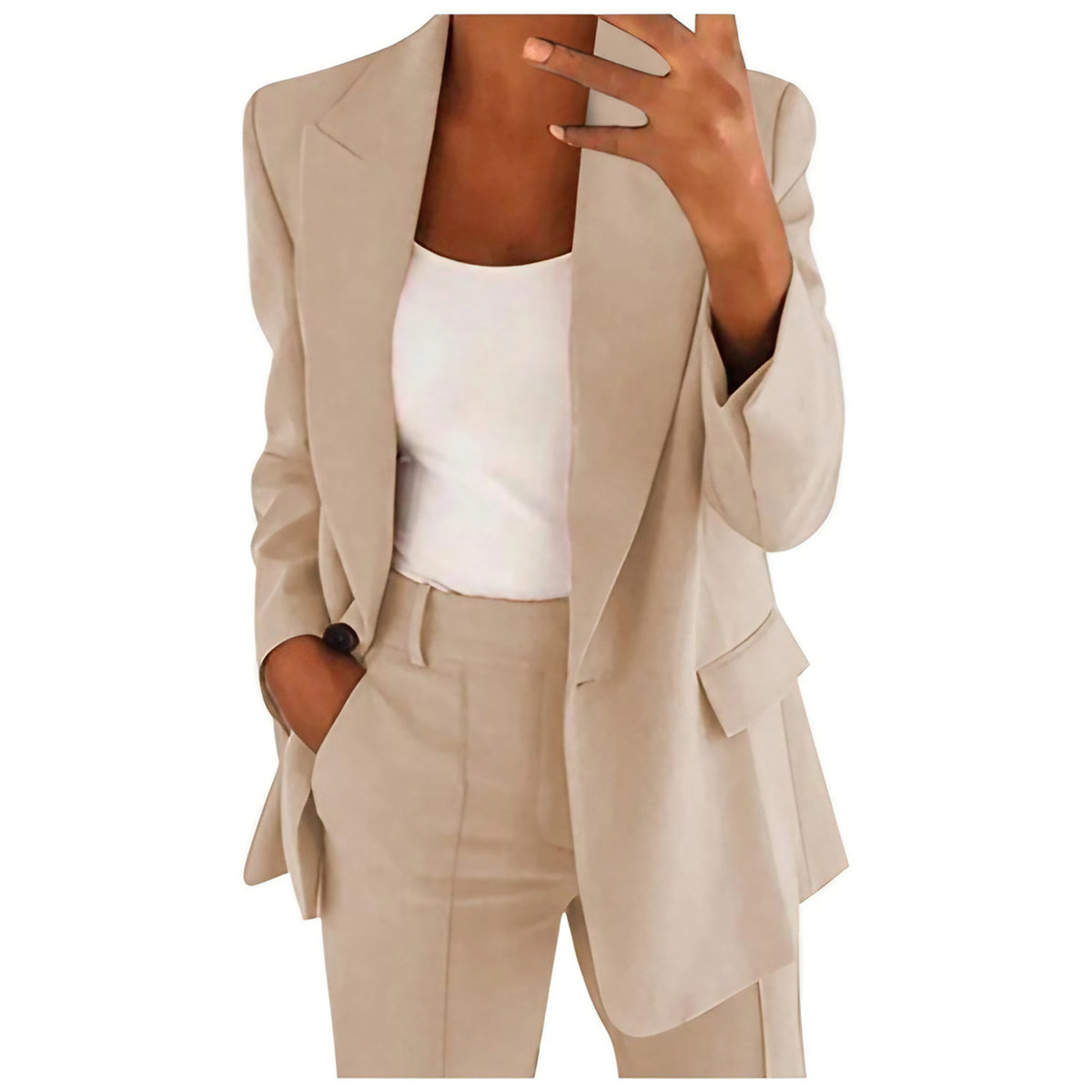 Tailleur pantalon femme, blazer ajusté et pantalon taille haute, beige