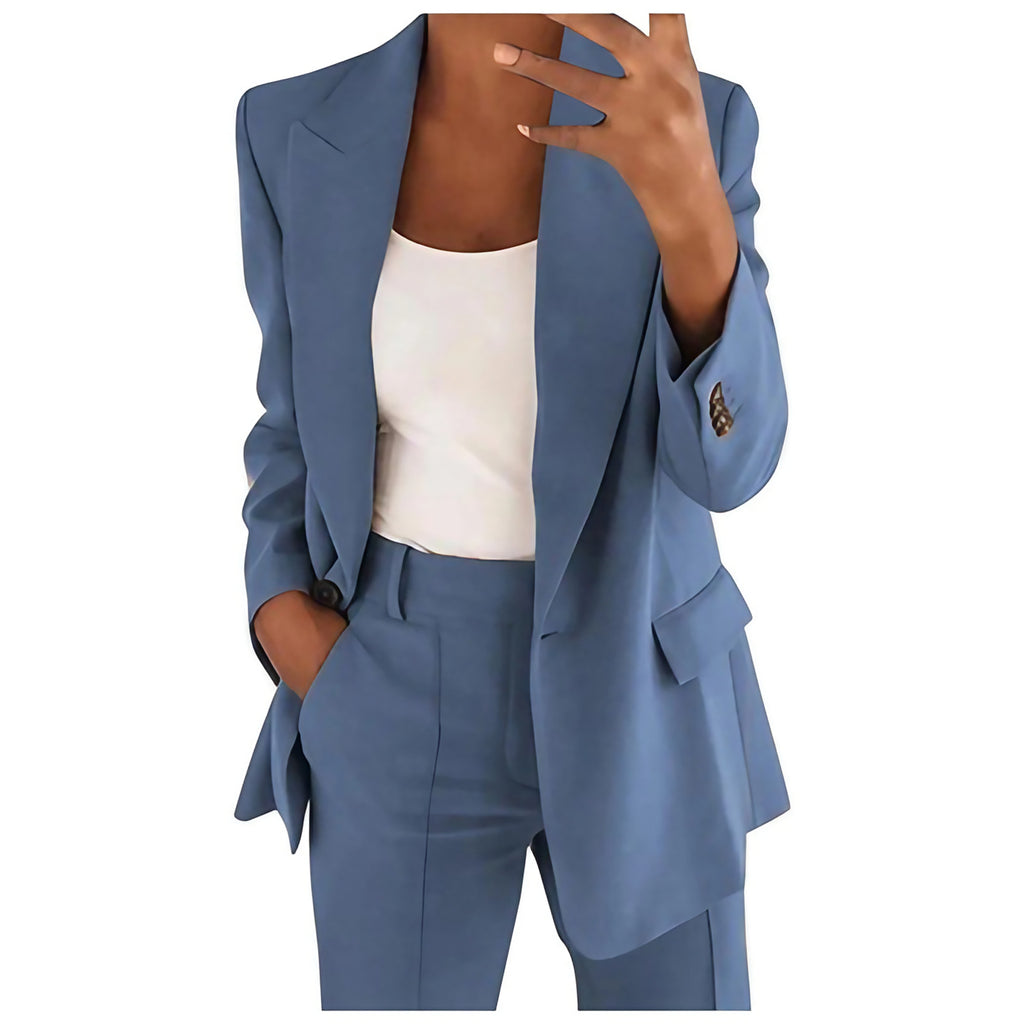 Tailleur pantalon femme, blazer ajusté et pantalon taille haute, bleu