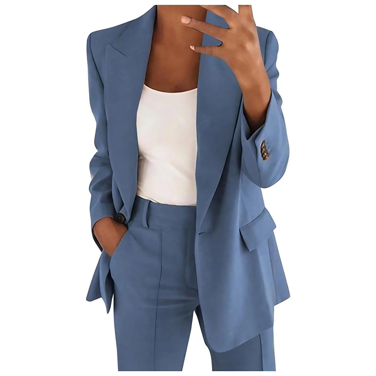 Tailleur pantalon femme, blazer ajusté et pantalon taille haute, bleu