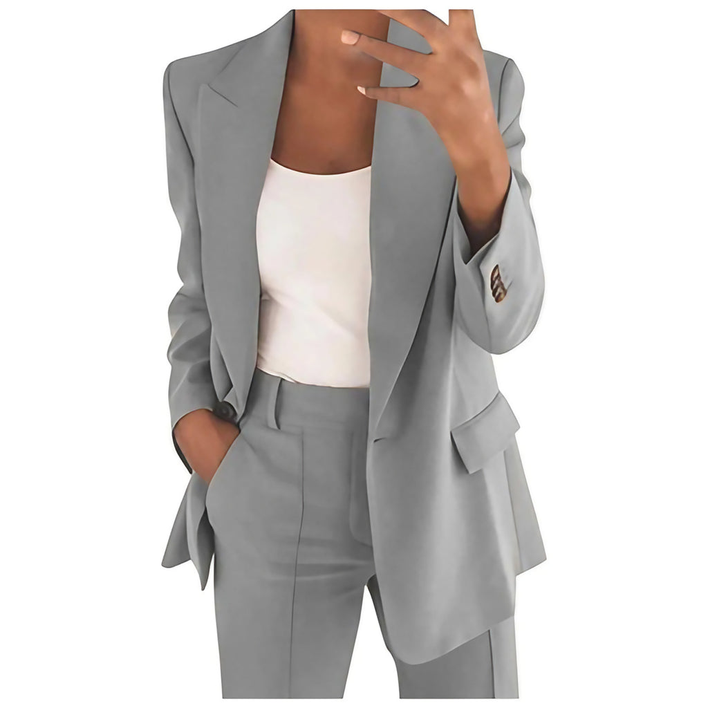 Tailleur pantalon femme, blazer ajusté et pantalon taille haute, gris