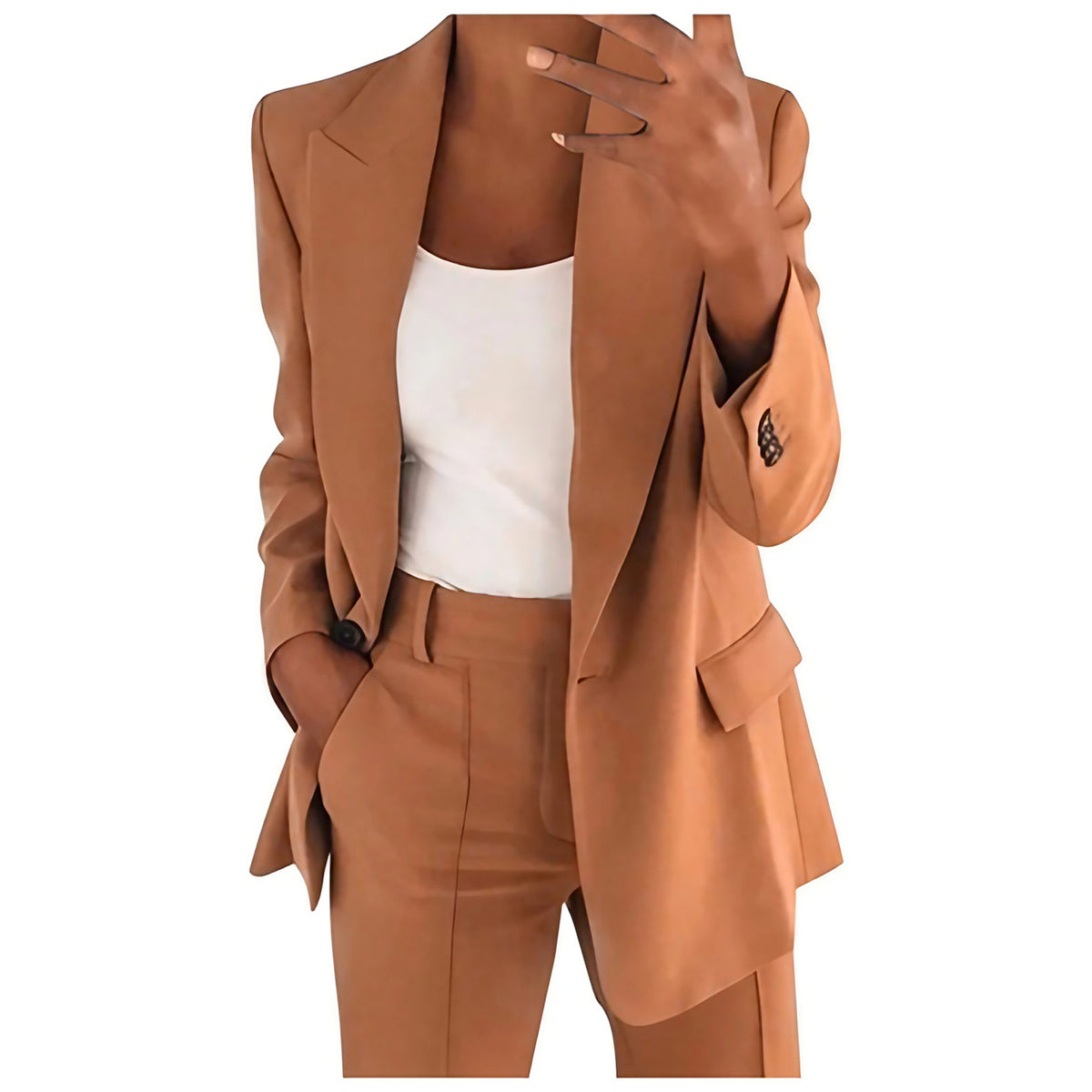 Tailleur pantalon femme, blazer ajusté et pantalon taille haute, kaki