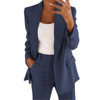 Tailleur pantalon femme, blazer ajusté et pantalon taille haute, bleu foncé
