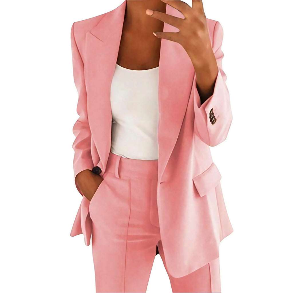 Tailleur pantalon femme, blazer ajusté et pantalon taille haute, rose