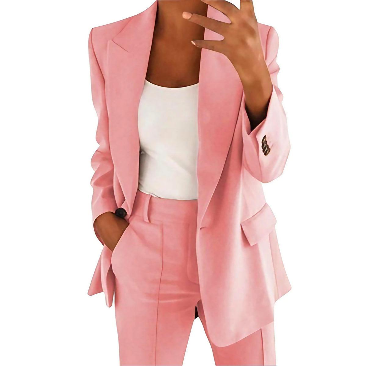 Tailleur pantalon femme, blazer ajusté et pantalon taille haute, rose