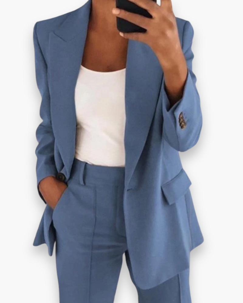 Ensemble tailleur pantalon femme, blazer assorti, sept coloris, bleu clair