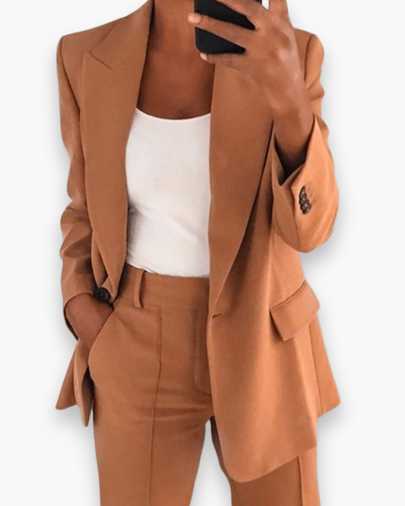 Ensemble tailleur pantalon femme, blazer assorti, sept coloris, brun