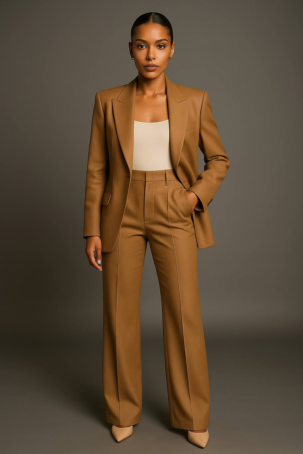 Tailleur pantalon femme, blazer col V et pantalon large, kaki