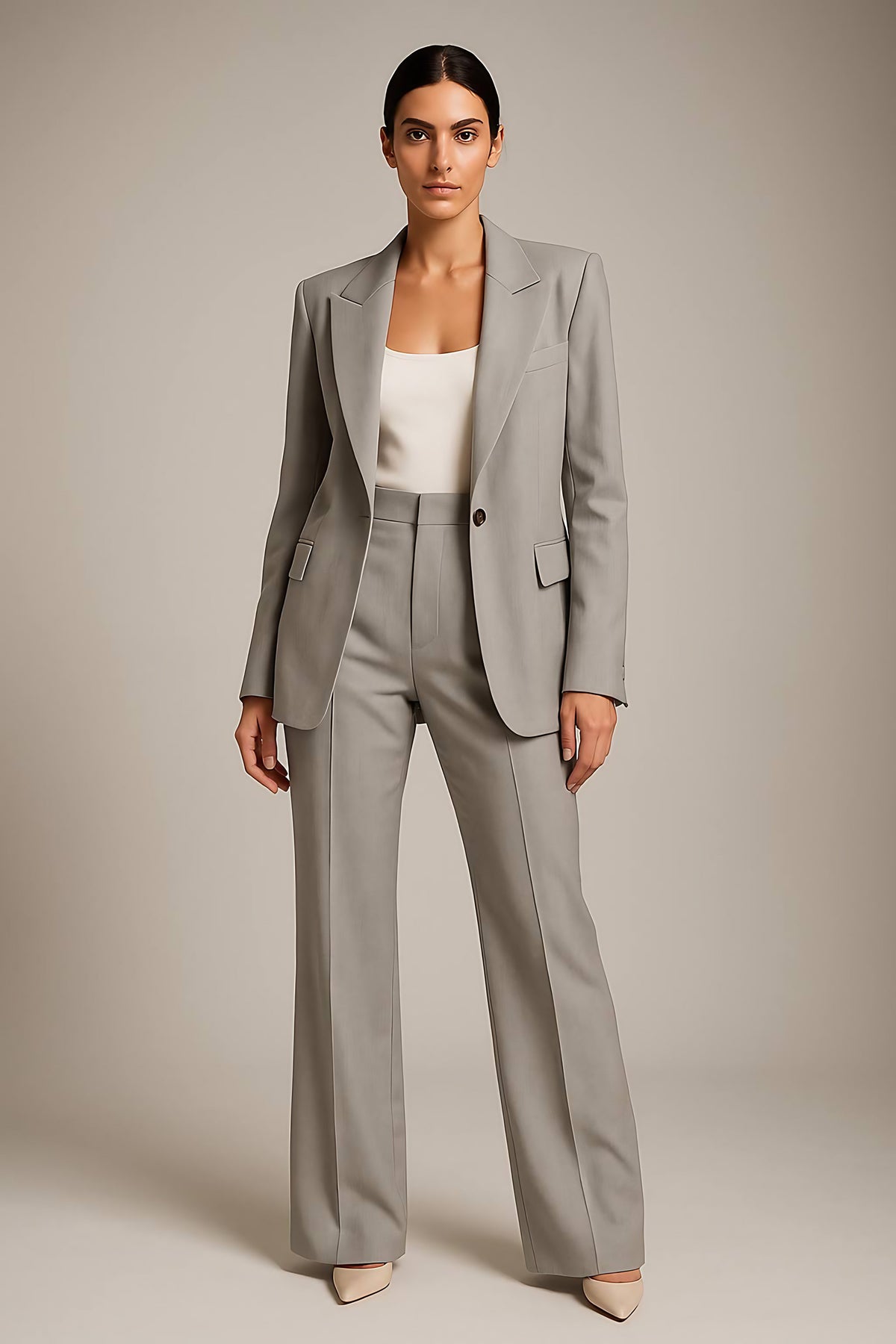 Tailleur pantalon femme, blazer col V et pantalon large, gris