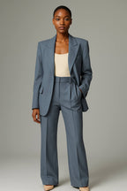 Tailleur pantalon femme, blazer col V et pantalon large, bleu