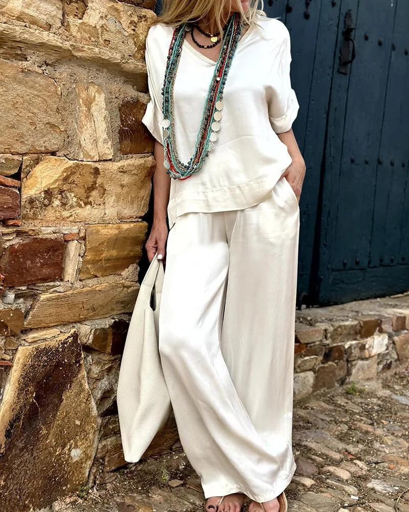 Ensemble femme chemisier et pantalon assorti, du S au 5XL, blanc