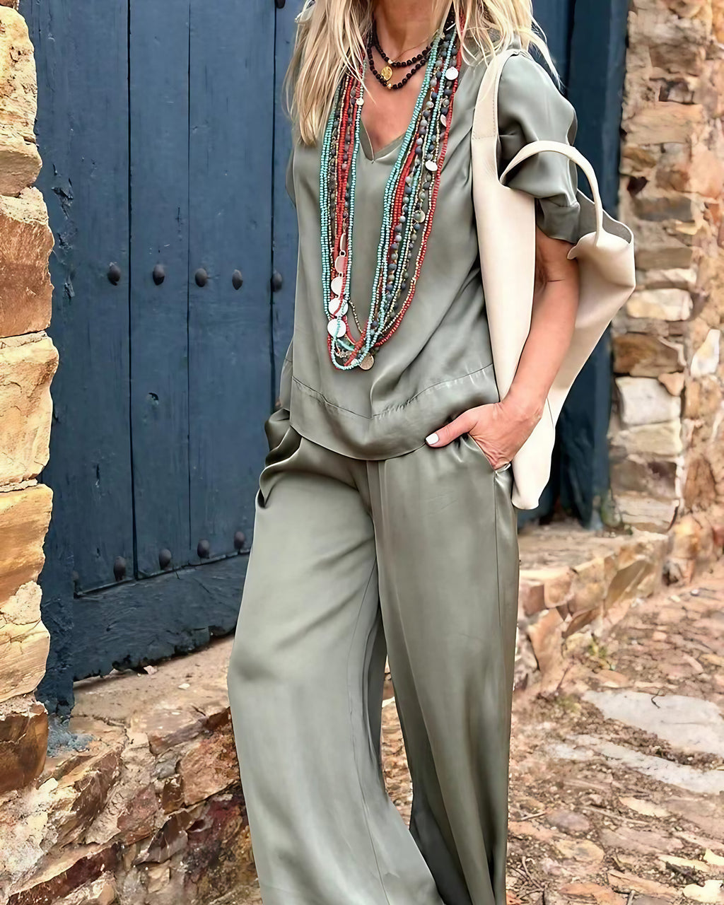 Ensemble femme chemisier et pantalon assorti, du S au 5XL, vert doux