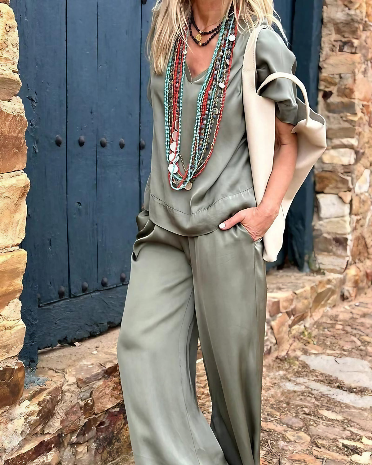 Ensemble femme chemisier et pantalon assorti, du S au 5XL, vert doux