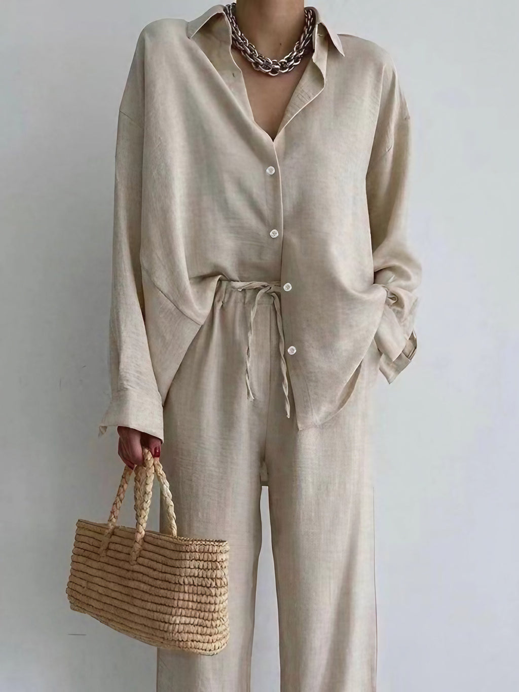 Ensemble en lin femme, blouse et pantalon large, du S au 3XL, beige