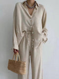 Ensemble en lin femme, blouse et pantalon large, du S au 3XL, beige