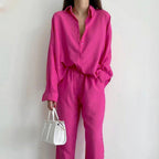 Ensemble en lin femme, blouse et pantalon large, du S au 3XL, rose