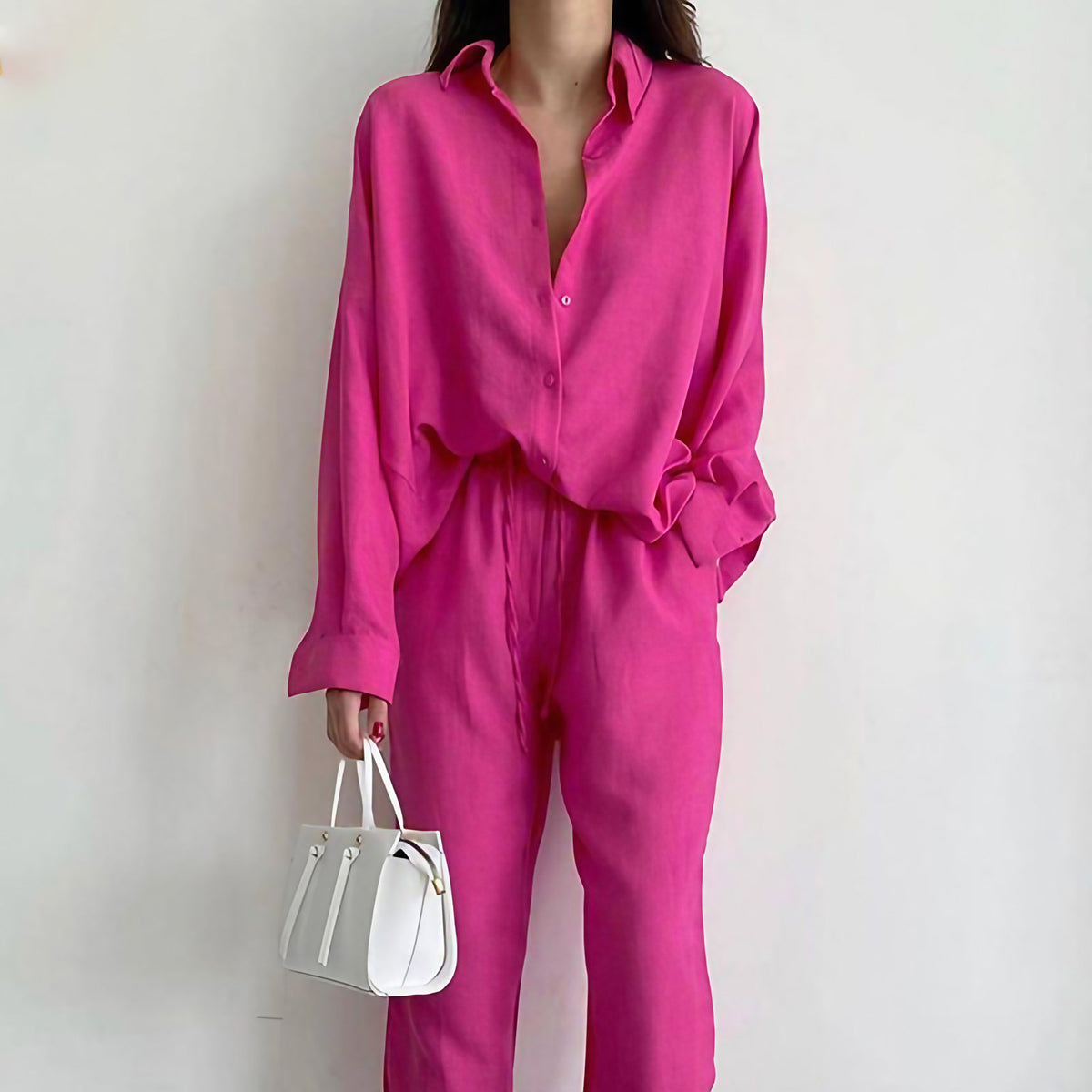Ensemble en lin femme, blouse et pantalon large, du S au 3XL, rose