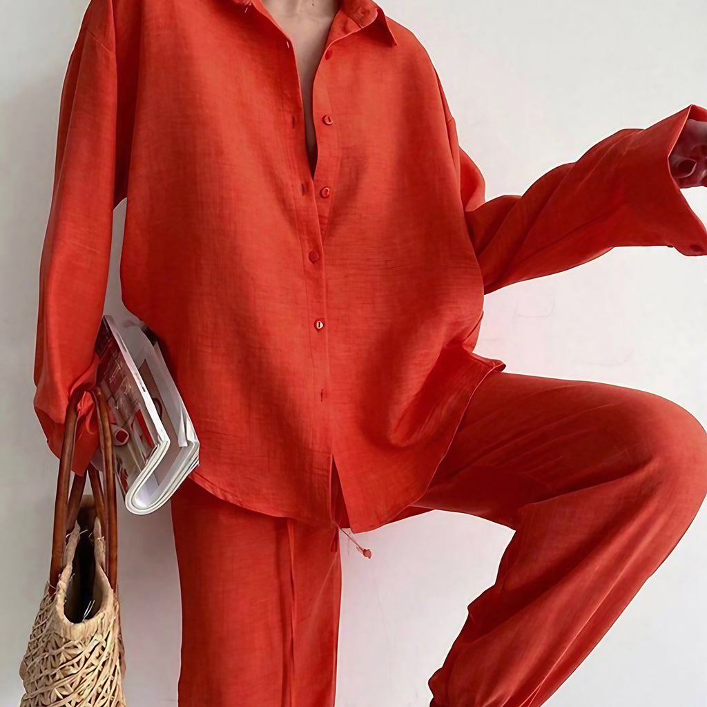 Ensemble en lin femme, blouse et pantalon large, du S au 3XL, orange