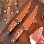 Set de 3 couteaux chef, désosser et boucher, avec étui en cuir