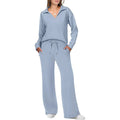 Ensemble femme haut col V et pantalon à taille élastique, bleu clair