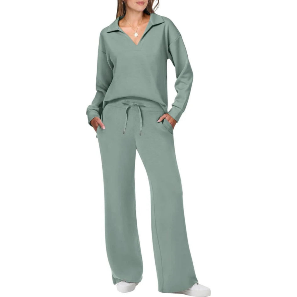 Ensemble femme haut col V et pantalon à taille élastique, vert