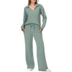 Ensemble femme haut col V et pantalon à taille élastique, vert