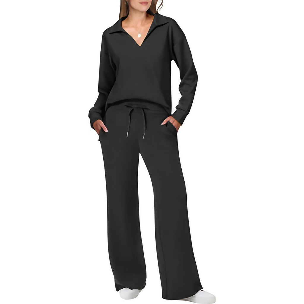 Ensemble femme haut col V et pantalon à taille élastique, noir