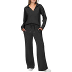 Ensemble femme haut col V et pantalon à taille élastique, noir