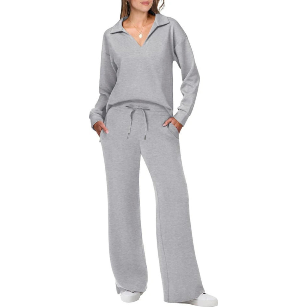 Ensemble femme haut col V et pantalon à taille élastique, gris