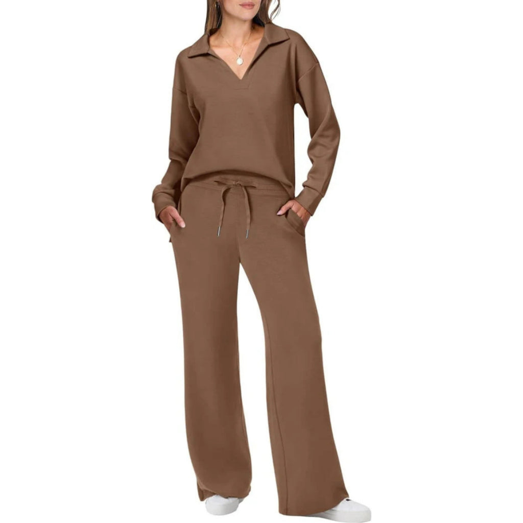Ensemble femme haut col V et pantalon à taille élastique, marron