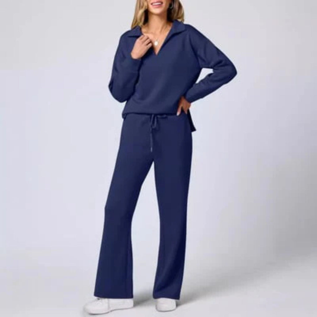 Ensemble femme haut col V et pantalon à taille élastique, bleu foncé