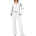 Ensemble femme haut col V et pantalon à taille élastique, blanc