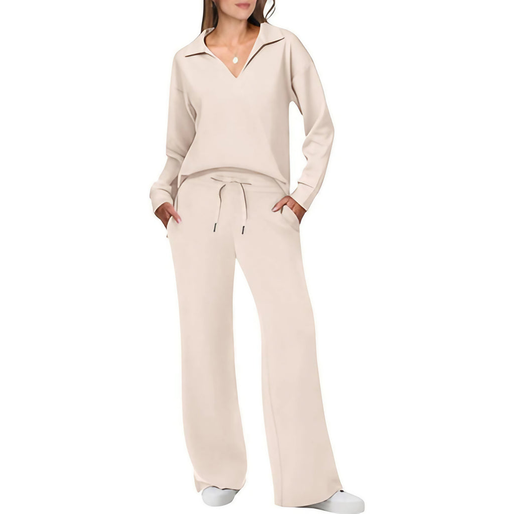 Ensemble femme haut col V et pantalon à taille élastique, beige