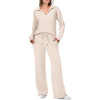 Ensemble femme haut col V et pantalon à taille élastique, beige