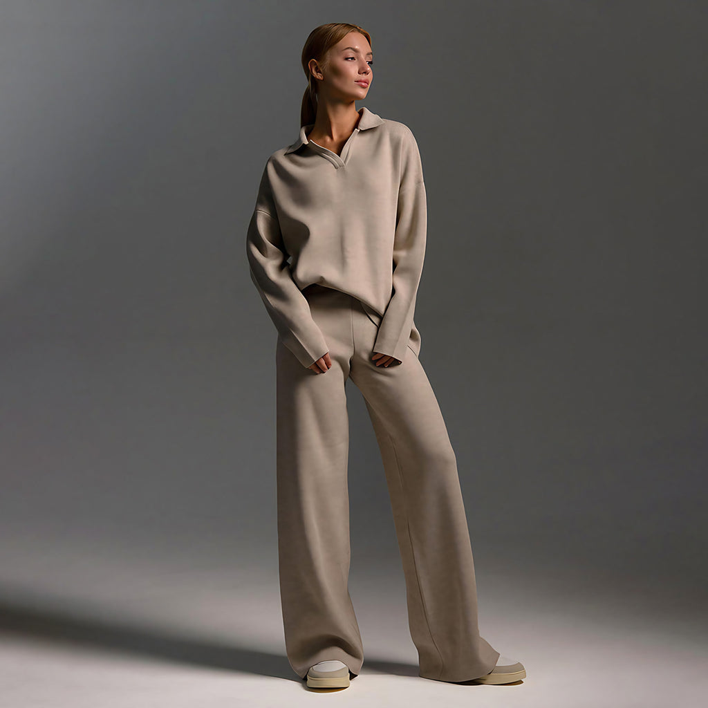 Ensemble femme deux pièces, pull polo et pantalon ample, du S au L, crème