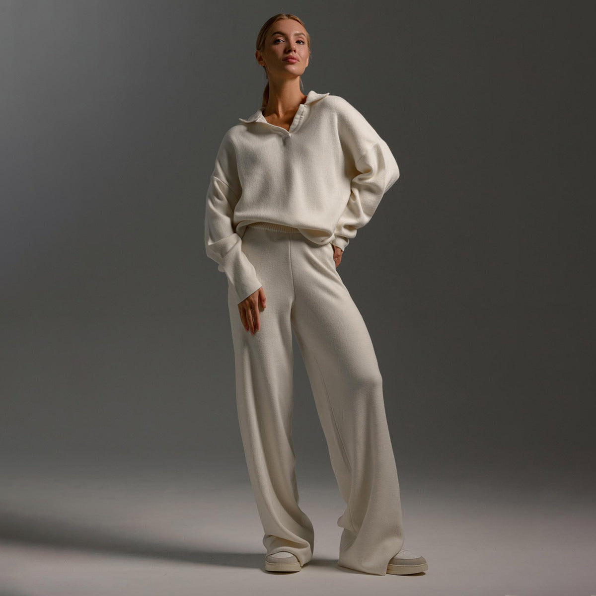 Ensemble femme deux pièces, pull polo et pantalon ample, du S au L, blanc
