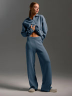Ensemble femme deux pièces, pull polo et pantalon ample, du S au L, bleu