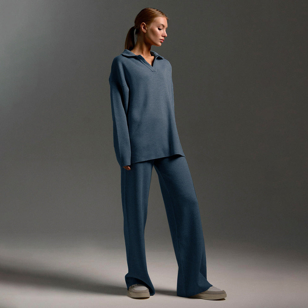 Ensemble femme deux pièces, pull polo et pantalon ample, du S au L
